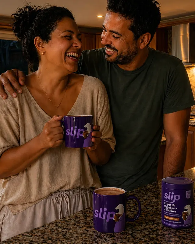Casal rindo na cozinha com canecas de Slip